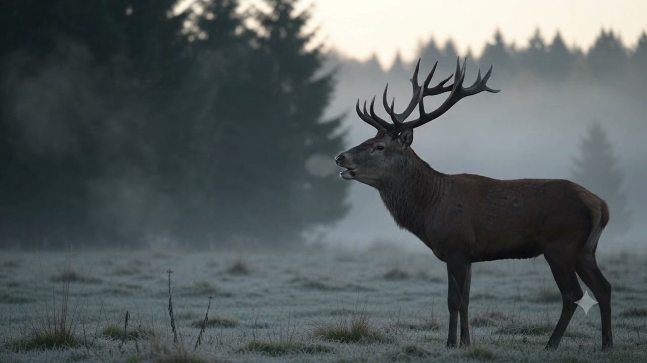 A red deer stag bugling on a frosty meadow at dawn. A red deer stag bugling on a frosty meadow at dawn.